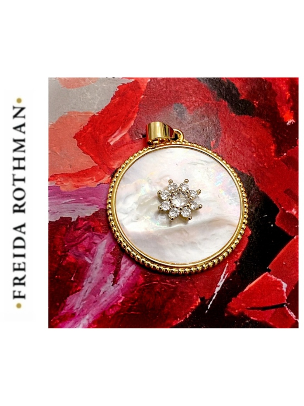 Freida Rothman Vault Mother Of Pearl Halo Floral Cluster CZ Brass Pendant